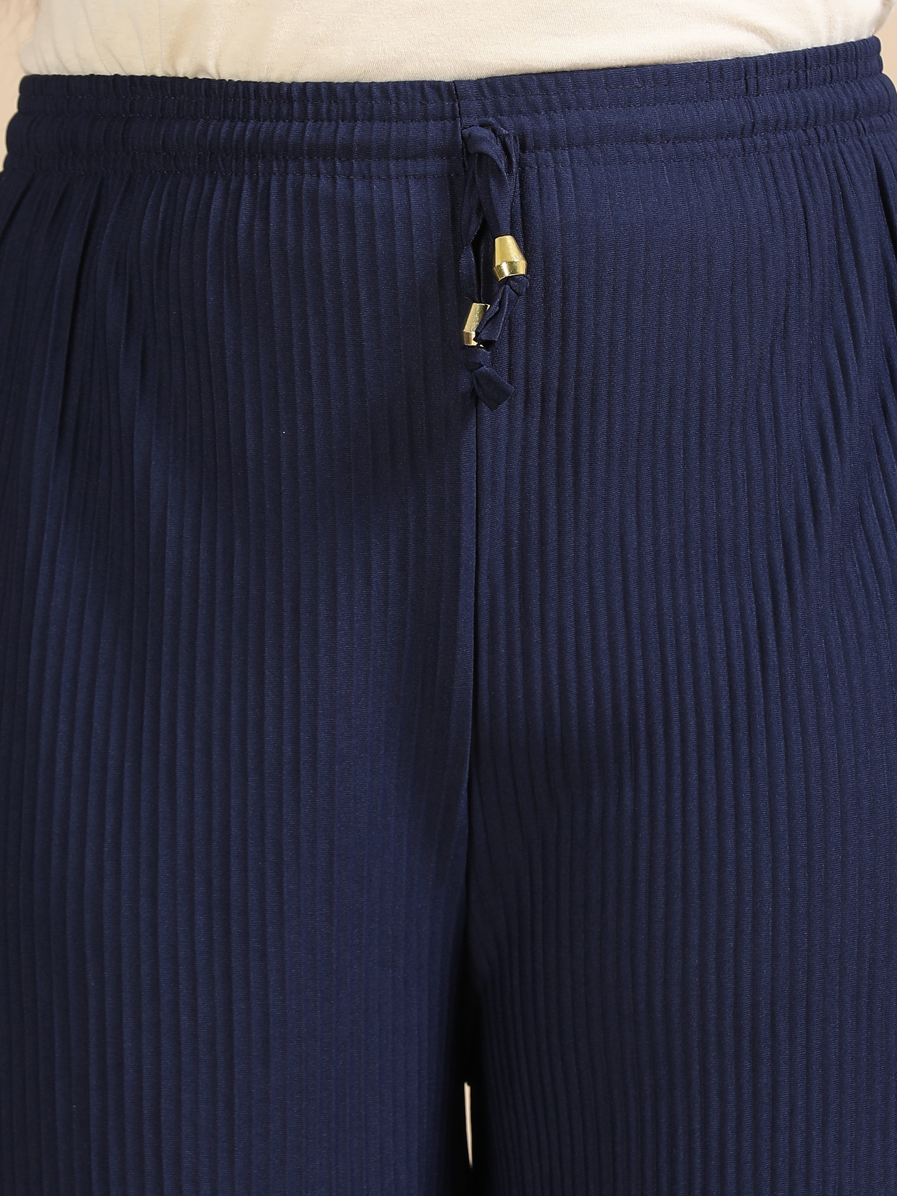 Women’s Solid Navy Blue Pleated Wide-Leg Palazzo Pants with Drawstring Waist
