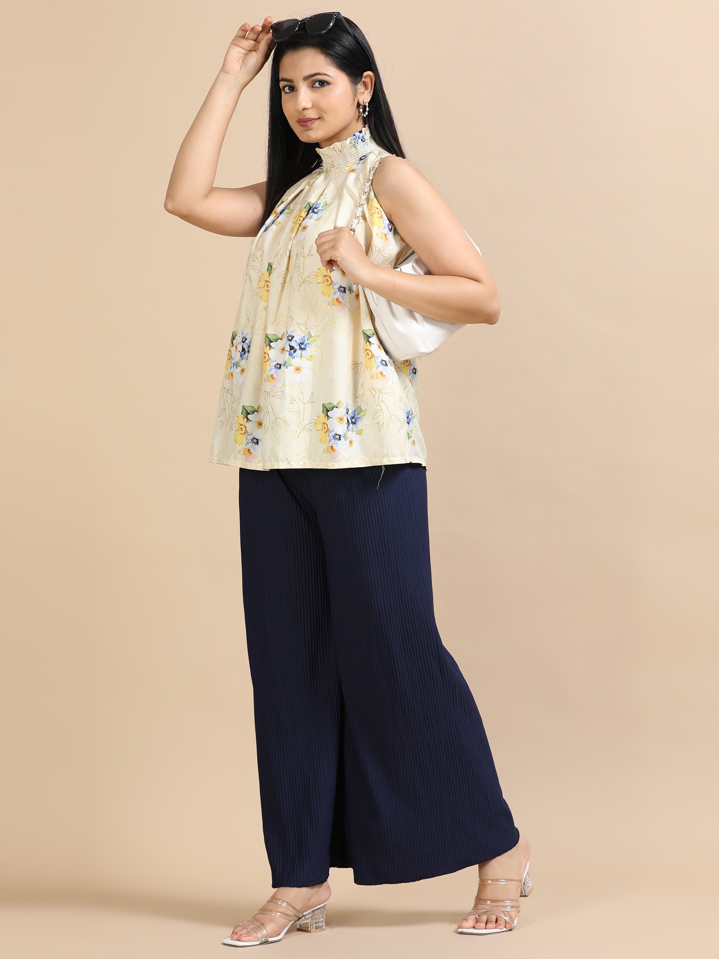 Women’s Solid Navy Blue Pleated Wide-Leg Palazzo Pants with Drawstring Waist