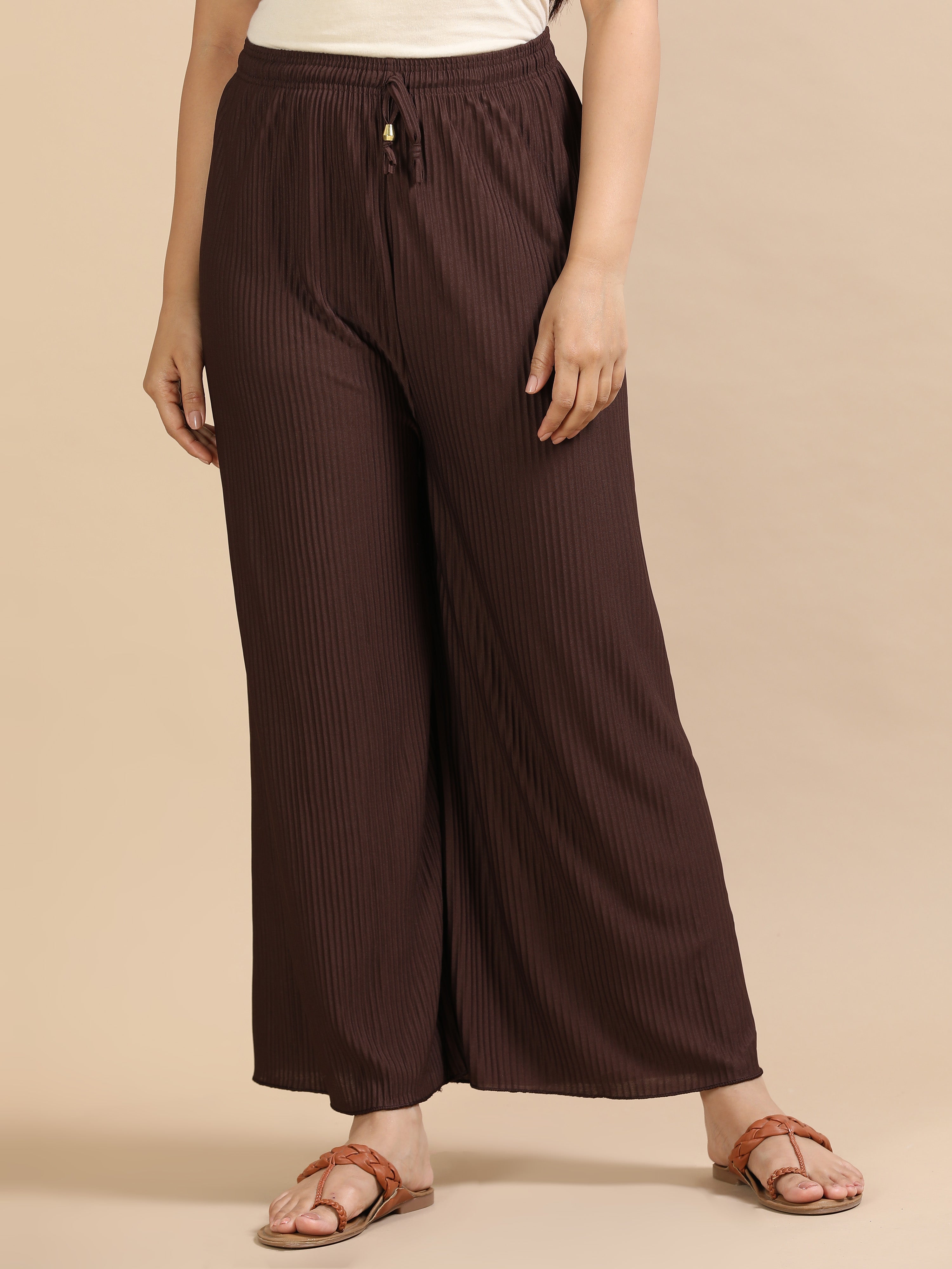 Women’s Solid Brown Pleated Wide-Leg Palazzo Pants with Elastic Waistband