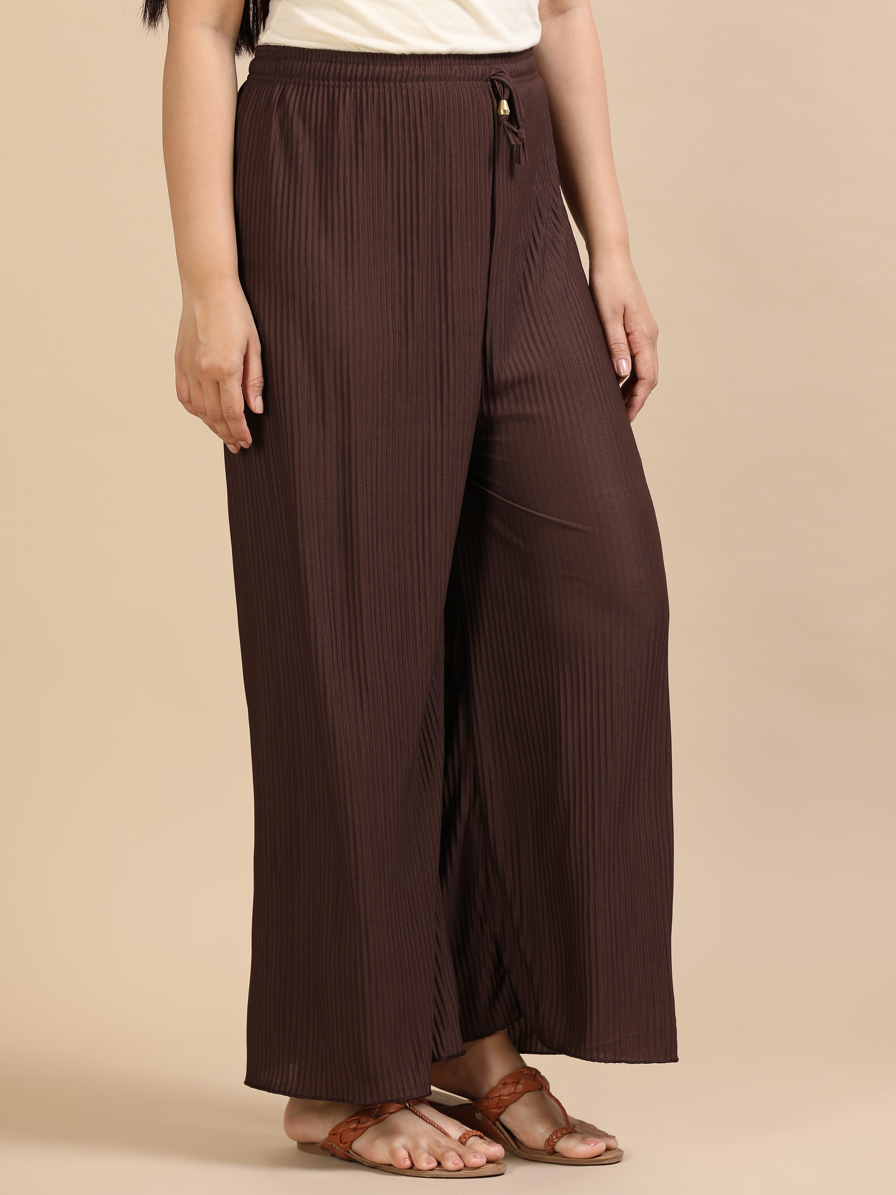 Women’s Solid Brown Pleated Wide-Leg Palazzo Pants with Elastic Waistband