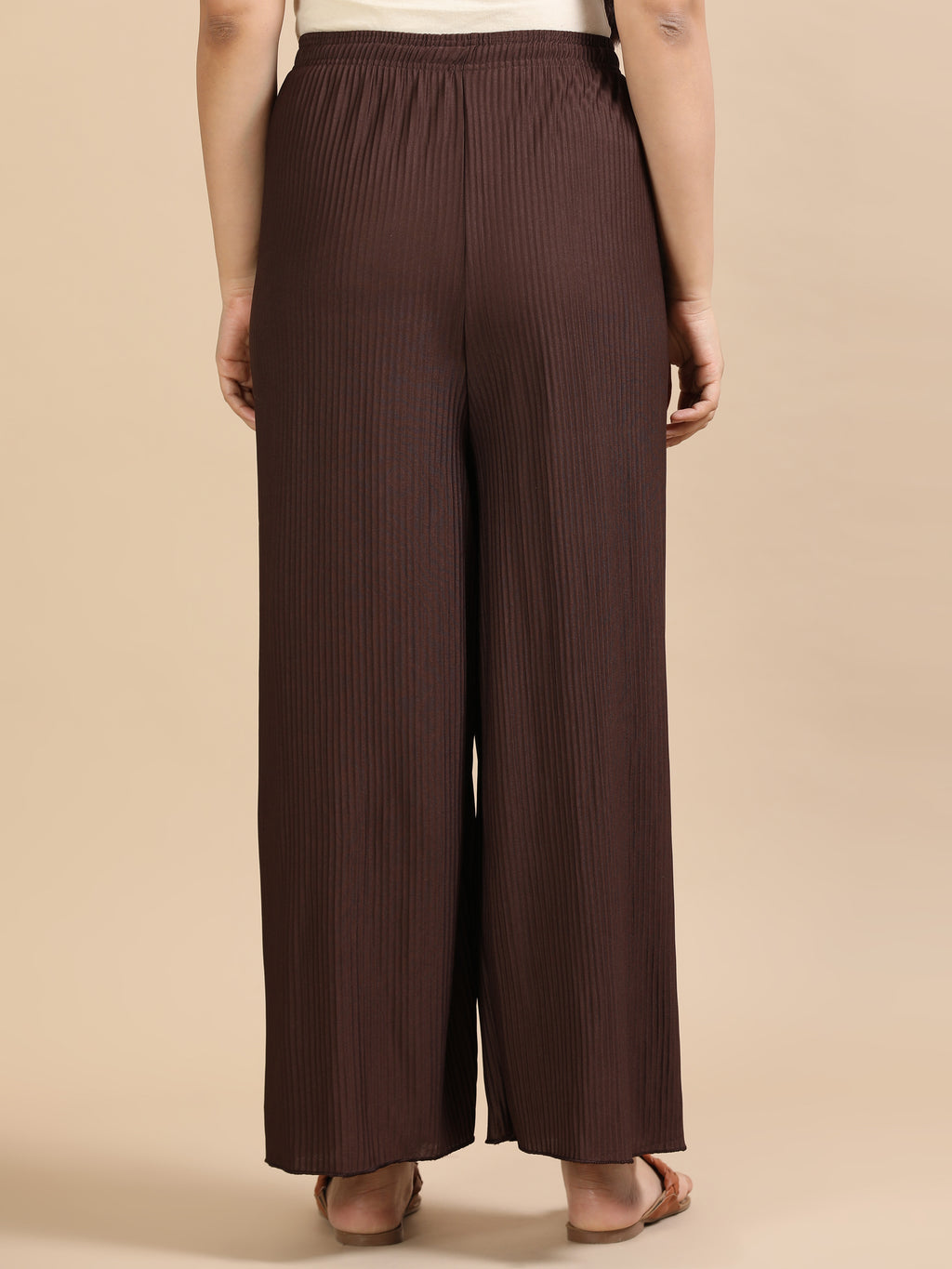 Women’s Solid Brown Pleated Wide-Leg Palazzo Pants with Elastic Waistband