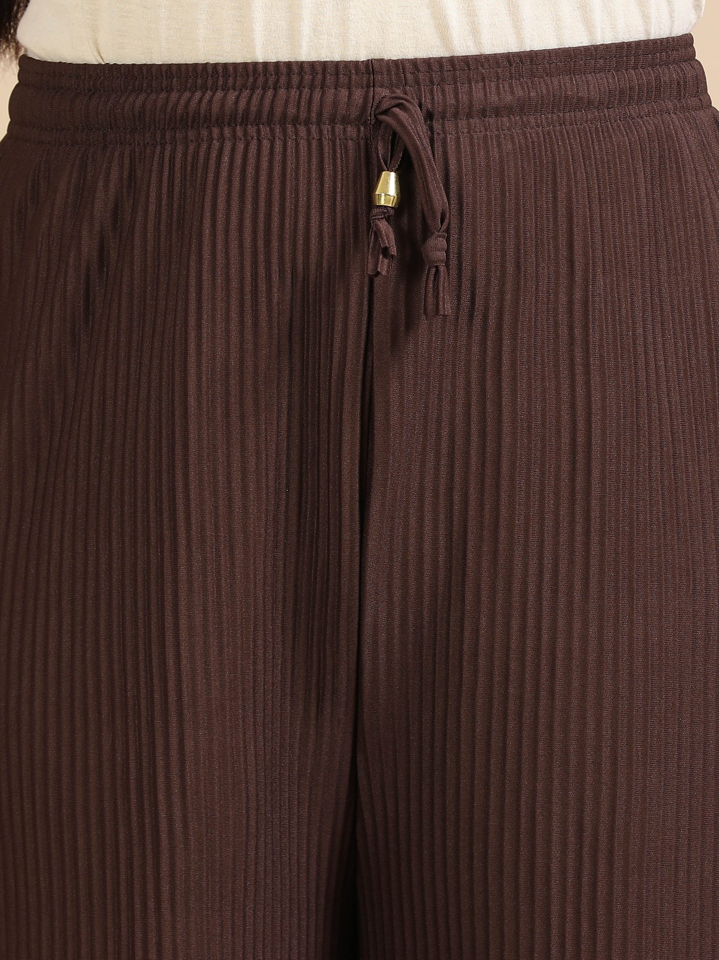 Women’s Solid Brown Pleated Wide-Leg Palazzo Pants with Elastic Waistband