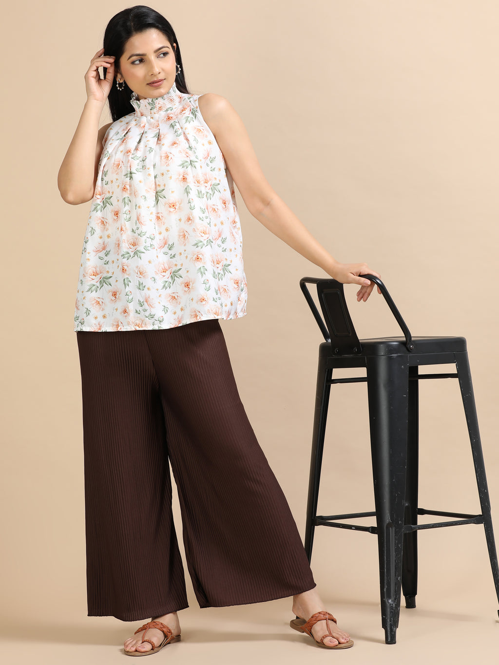 Women’s Solid Brown Pleated Wide-Leg Palazzo Pants with Elastic Waistband