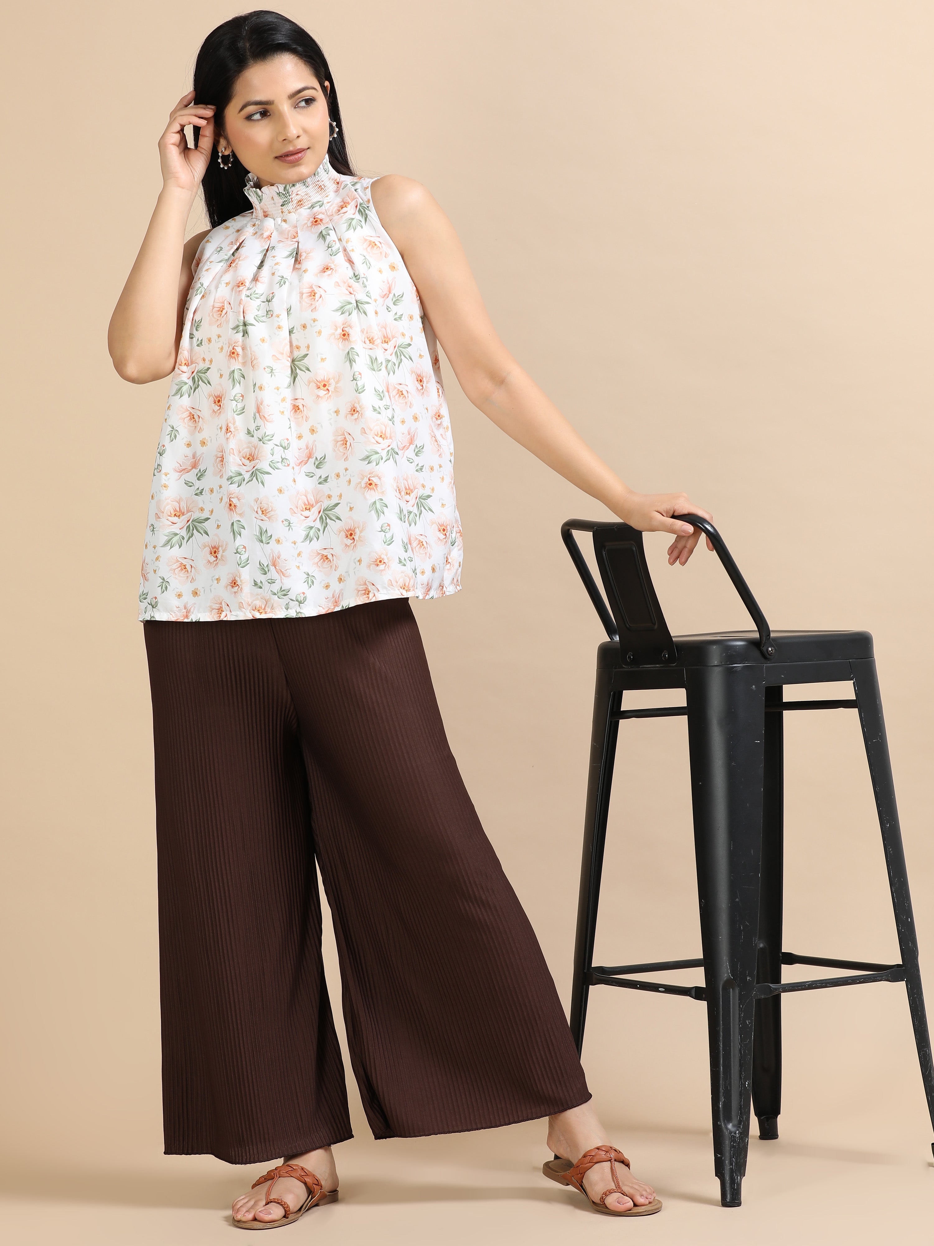 Women’s Solid Brown Pleated Wide-Leg Palazzo Pants with Elastic Waistband