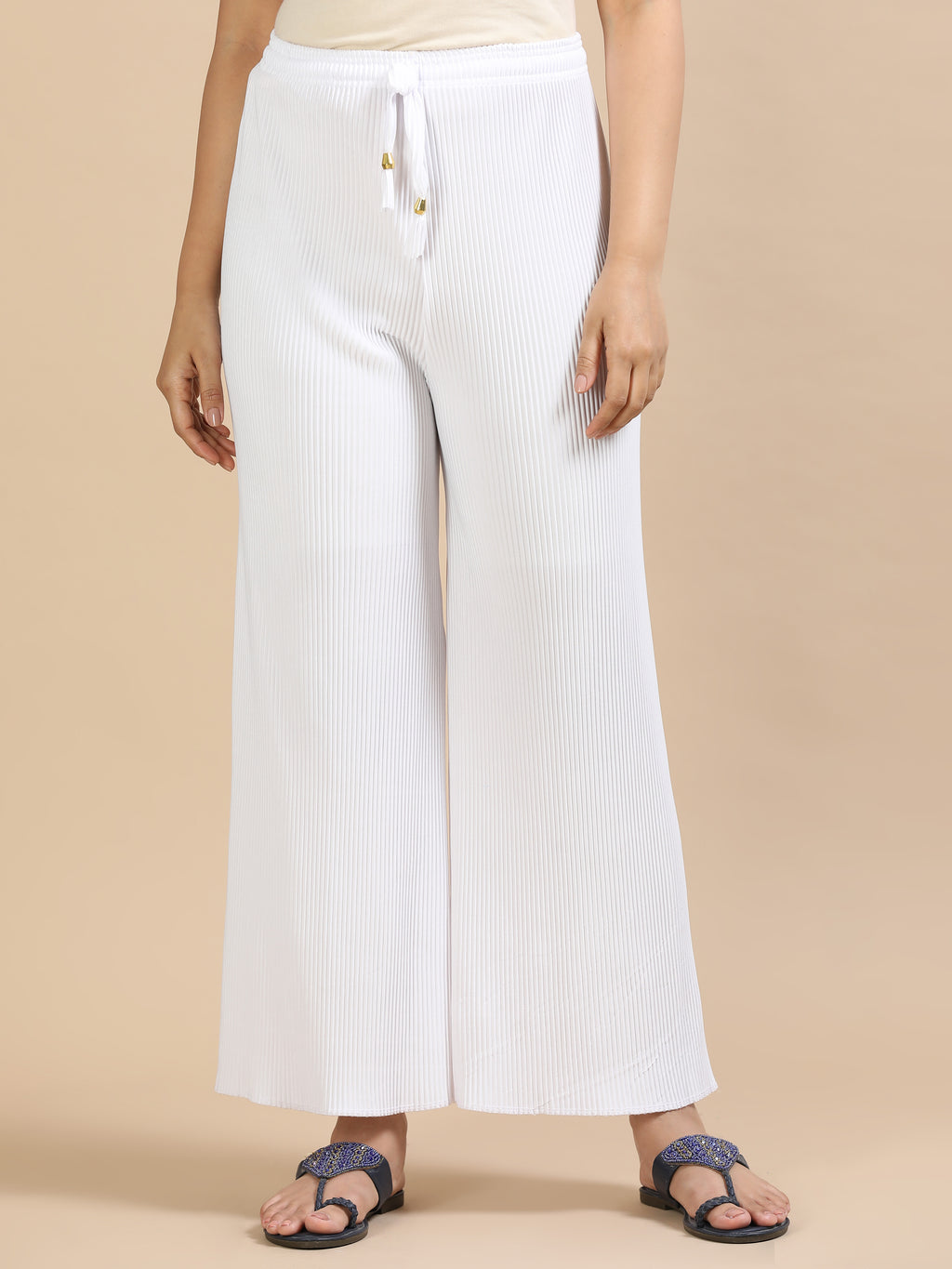 Women’s White Pleated Wide-Leg Palazzo Pants with Drawstring Waist