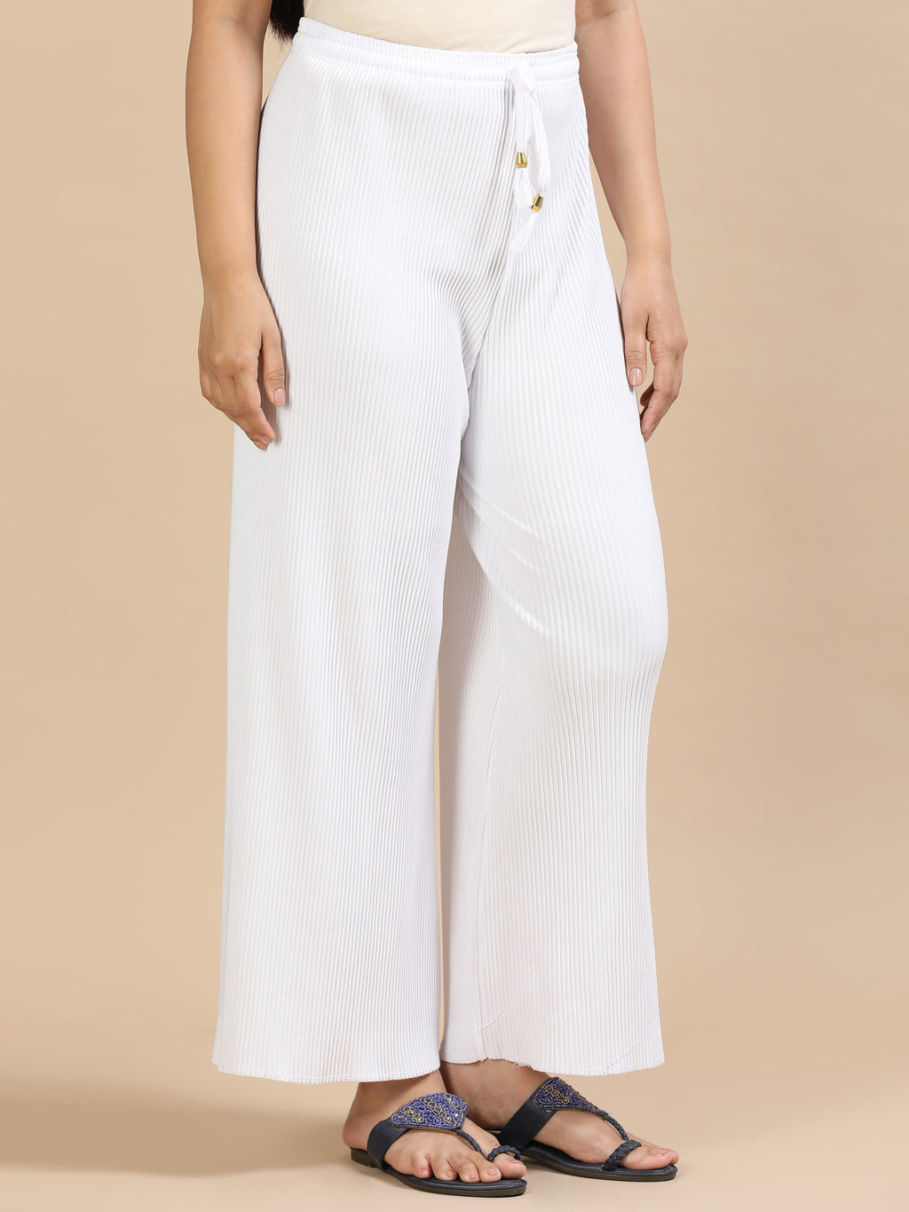 Women’s White Pleated Wide-Leg Palazzo Pants with Drawstring Waist