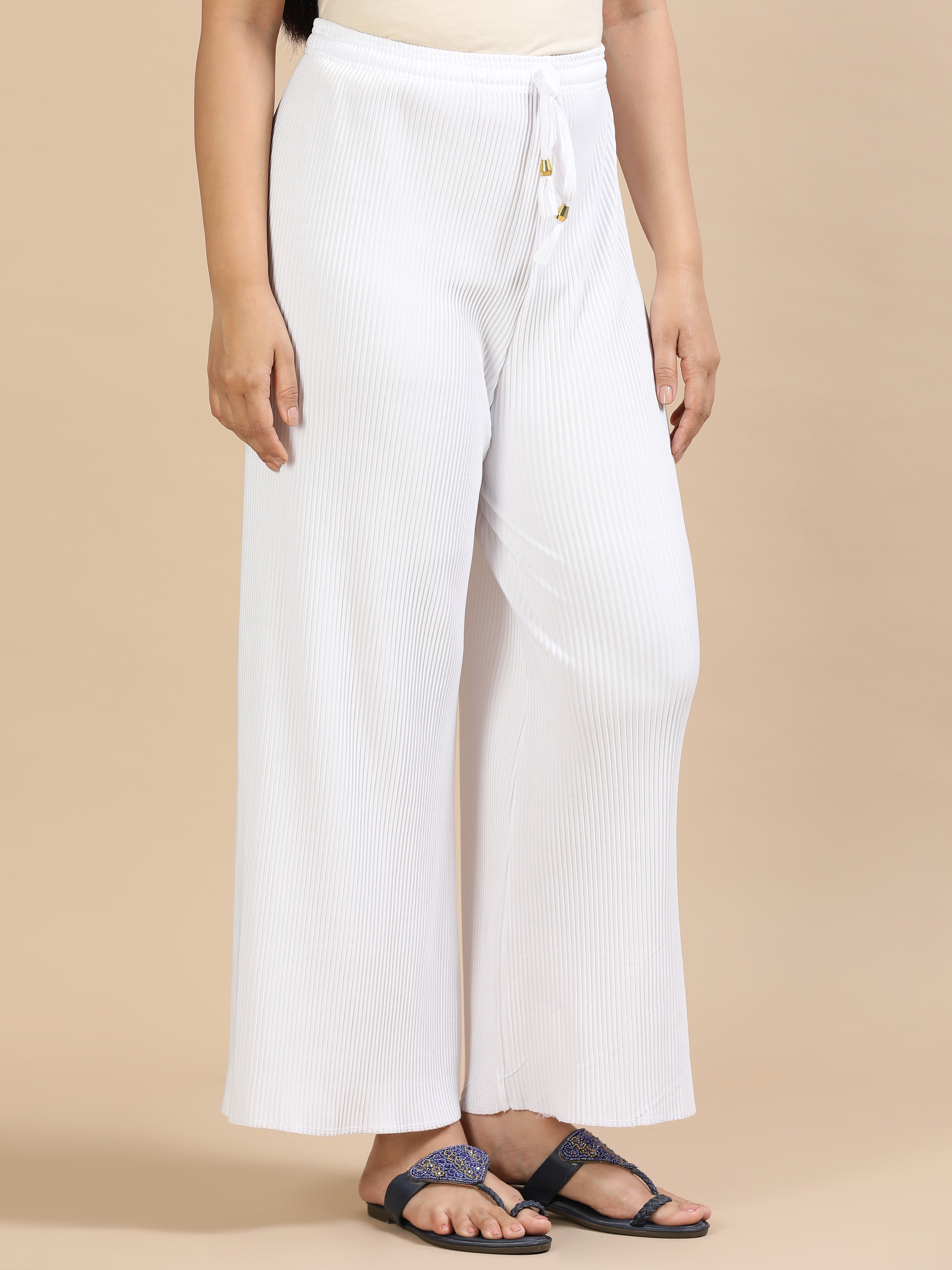 Women’s White Pleated Wide-Leg Palazzo Pants with Drawstring Waist