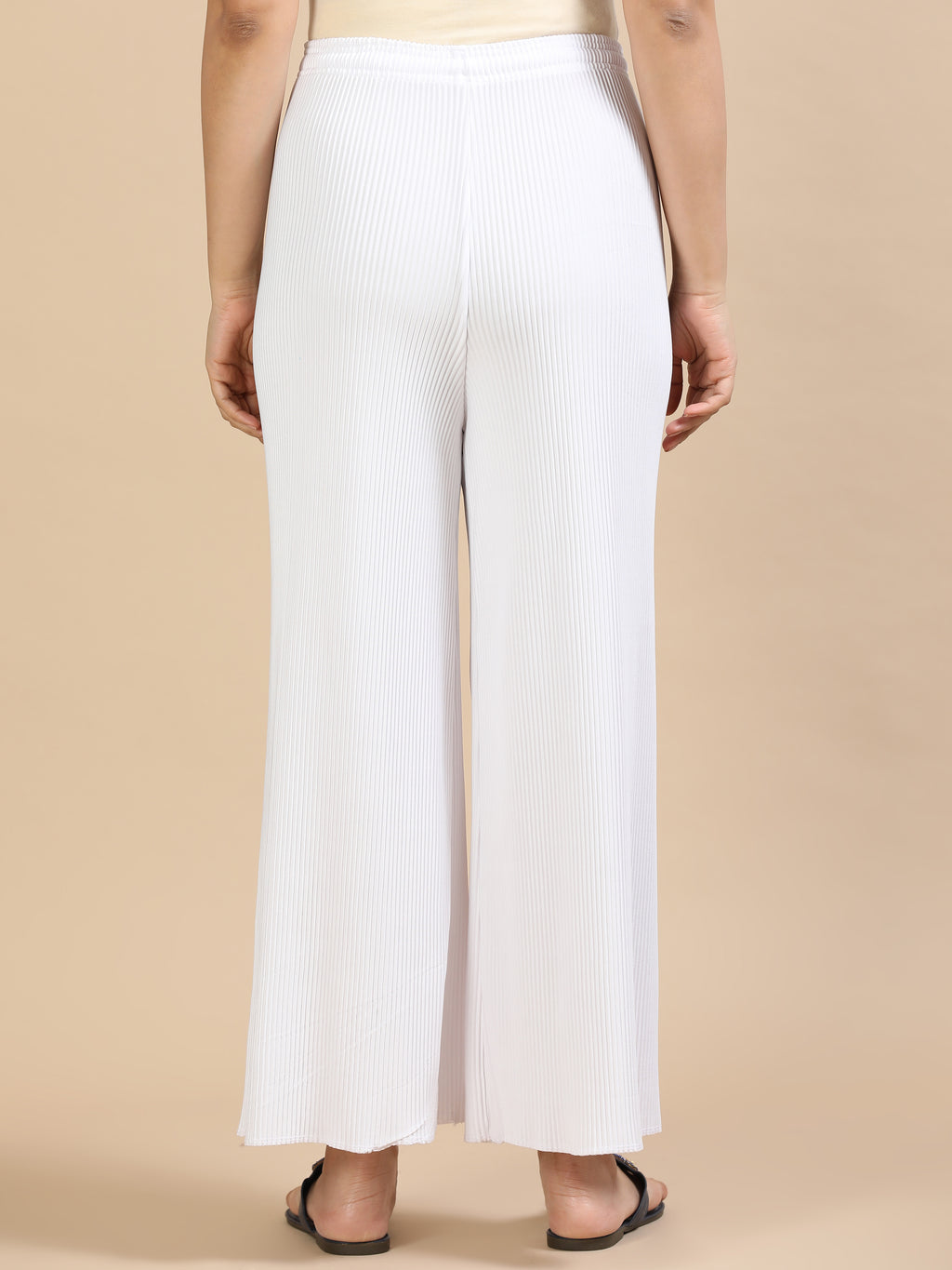 Women’s White Pleated Wide-Leg Palazzo Pants with Drawstring Waist