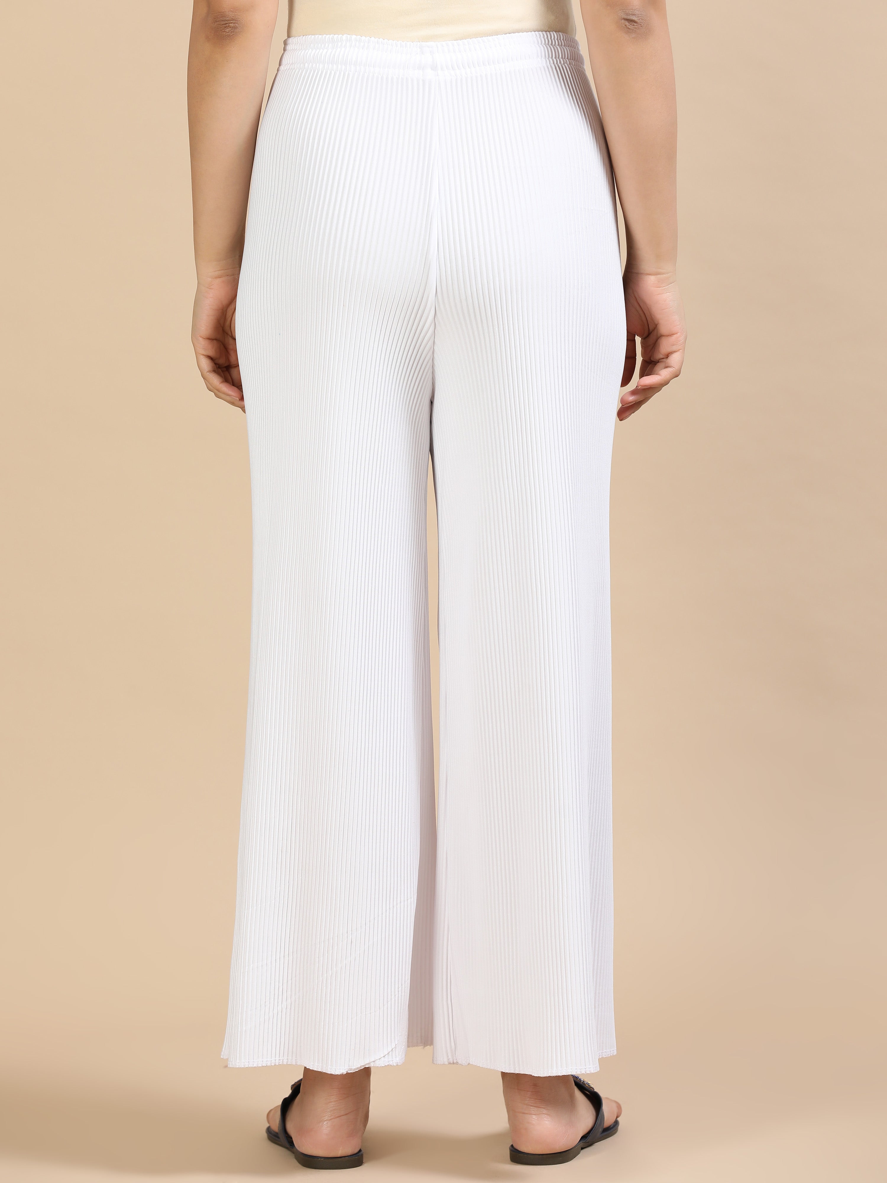 Women’s White Pleated Wide-Leg Palazzo Pants with Drawstring Waist