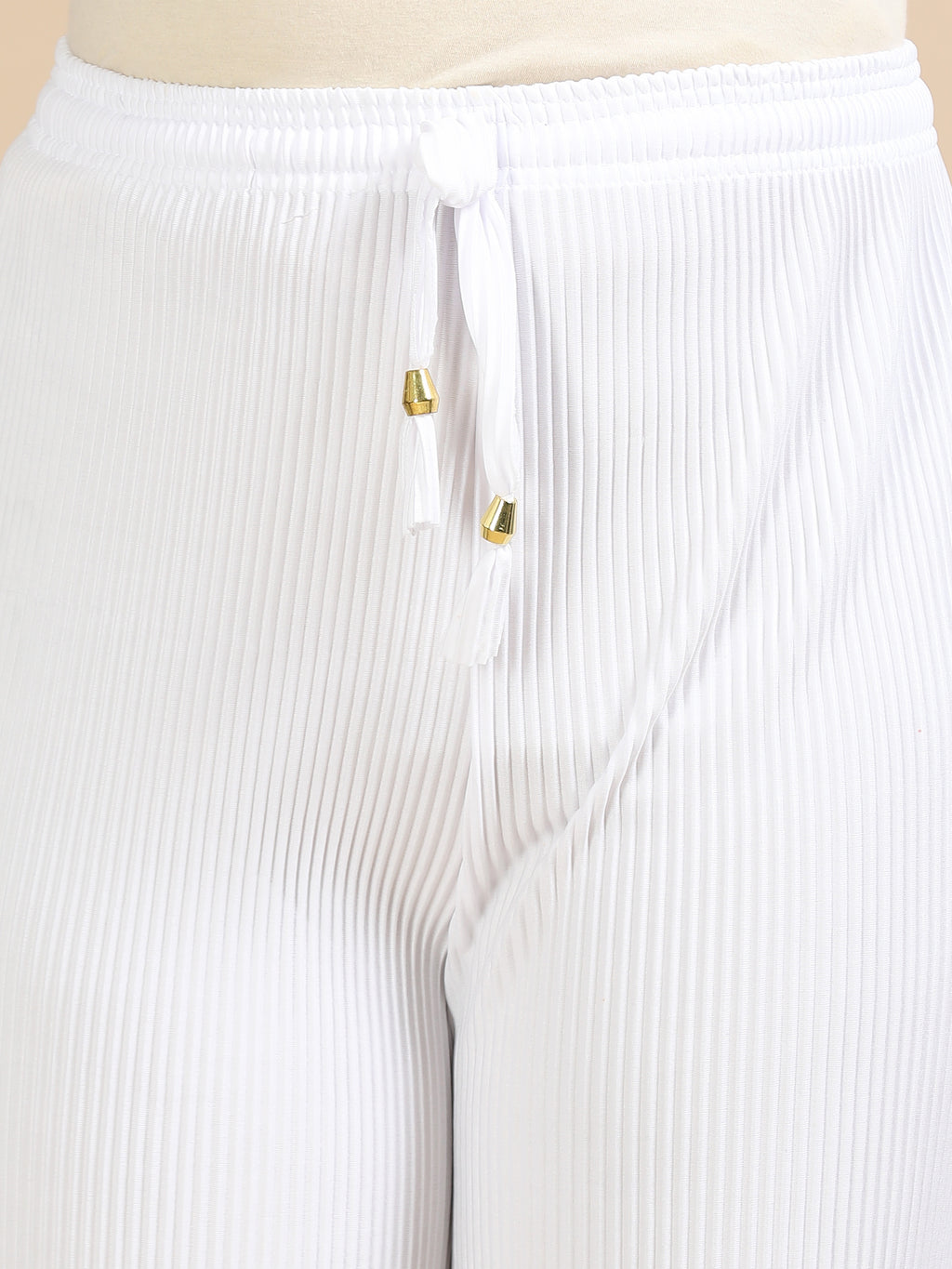 Women’s White Pleated Wide-Leg Palazzo Pants with Drawstring Waist
