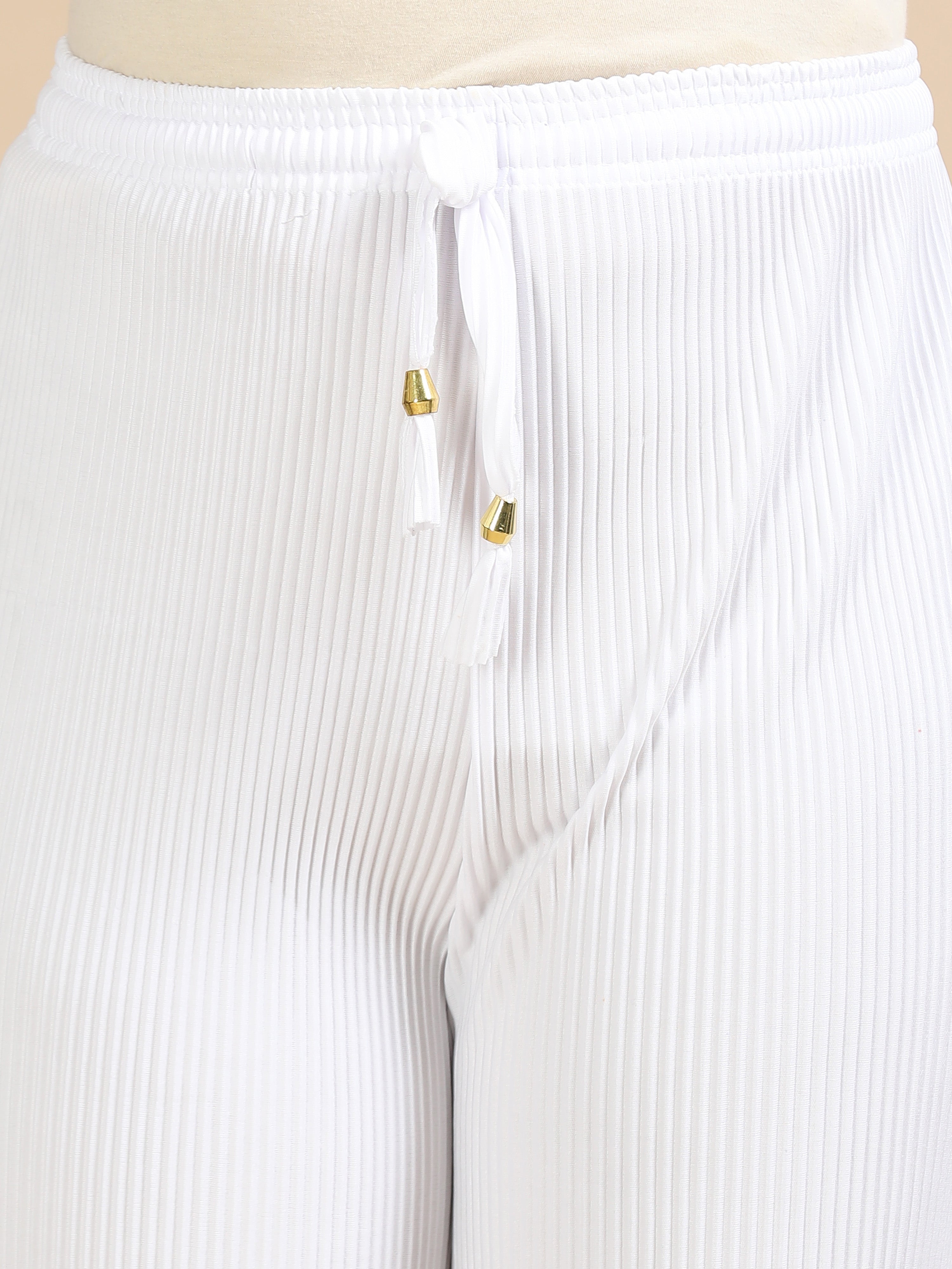 Women’s White Pleated Wide-Leg Palazzo Pants with Drawstring Waist
