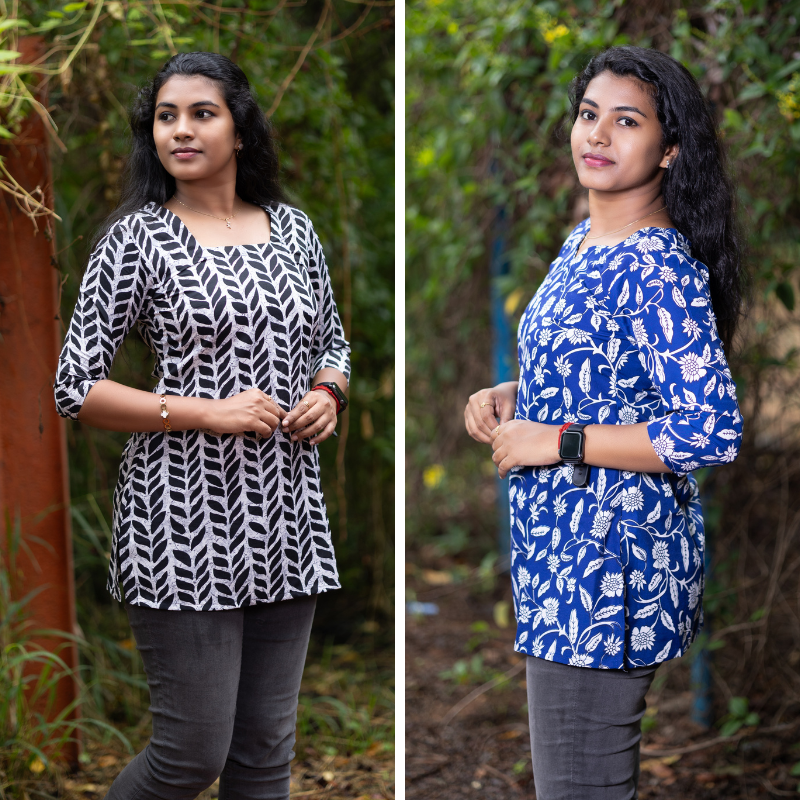 Short Kurti with 3/4th Sleeves & Comfort Fit (White & Blue)