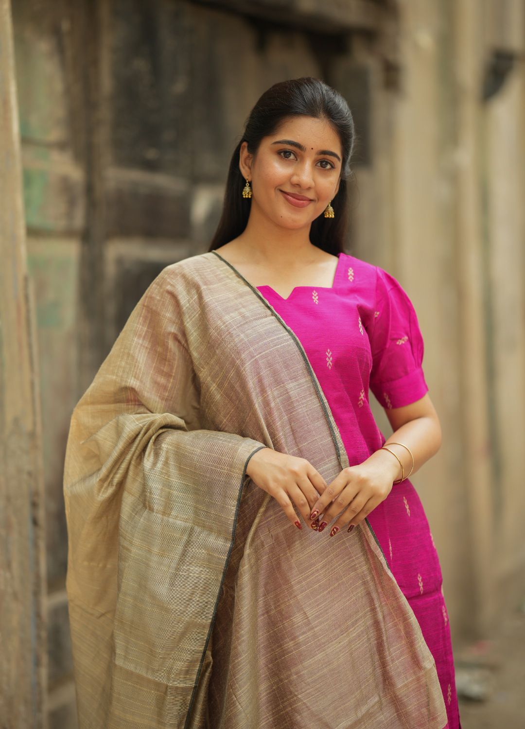 Rani Pink Raw Silk Kurti with Subtle Gold Motifs