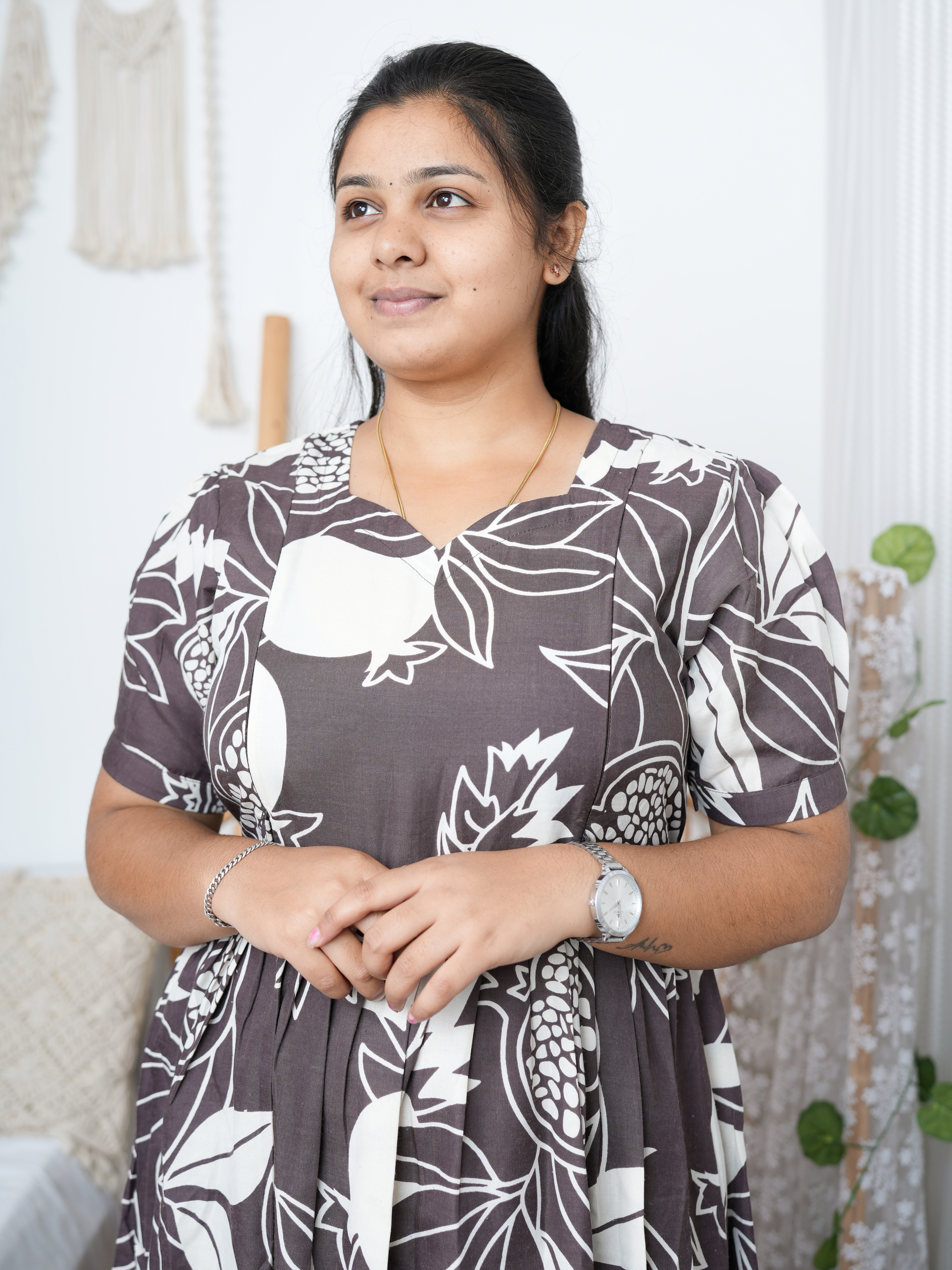 Elegant Brown & Off-White Floral Printed Maternity Kurti