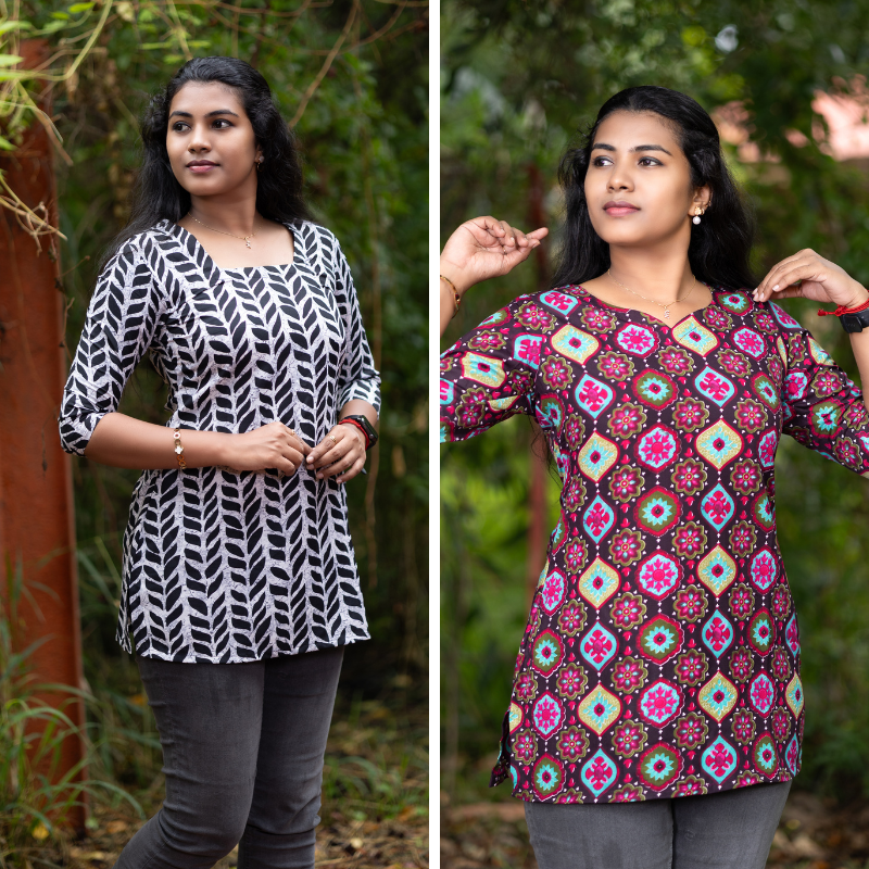 Short Kurti with 3/4th Sleeves & Comfort Fit (White & Brown)