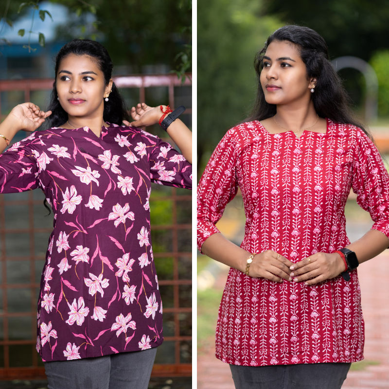 Short Kurti with 3/4th Sleeves & Comfort Fit (Wine & Deep Red)
