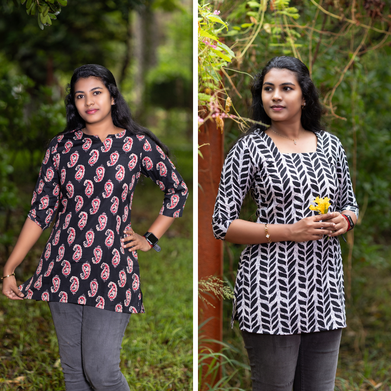 Short Kurti with 3/4th Sleeves & Comfort Fit (Black & White) v2