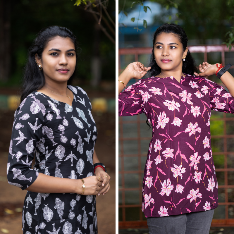 Short Kurti with 3/4th Sleeves & Comfort Fit (Black & Wine)