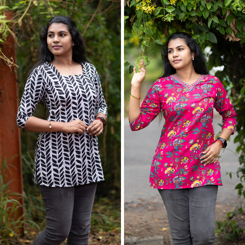 Short Kurti with 3/4th Sleeves & Comfort Fit (White & Red)