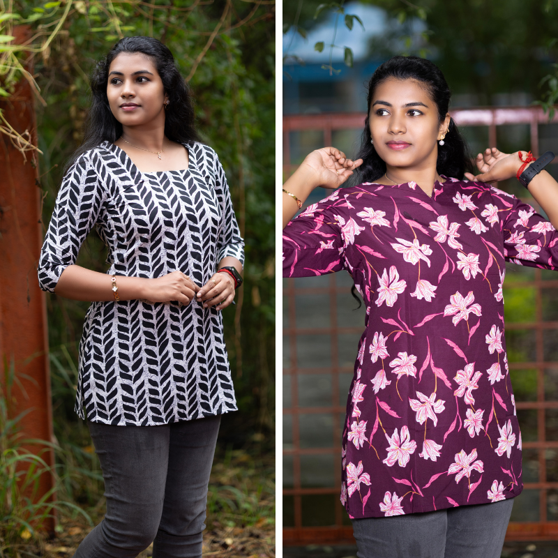 Short Kurti with 3/4th Sleeves & Comfort Fit (White & Wine)