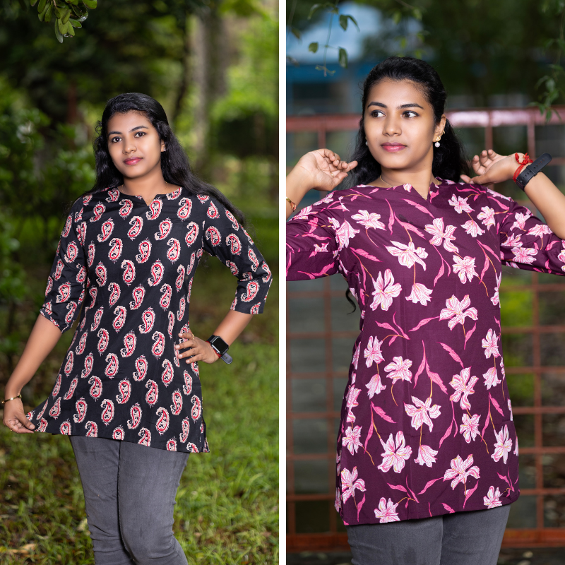 Short Kurti with 3/4th Sleeves & Comfort Fit (Black & Wine) v2
