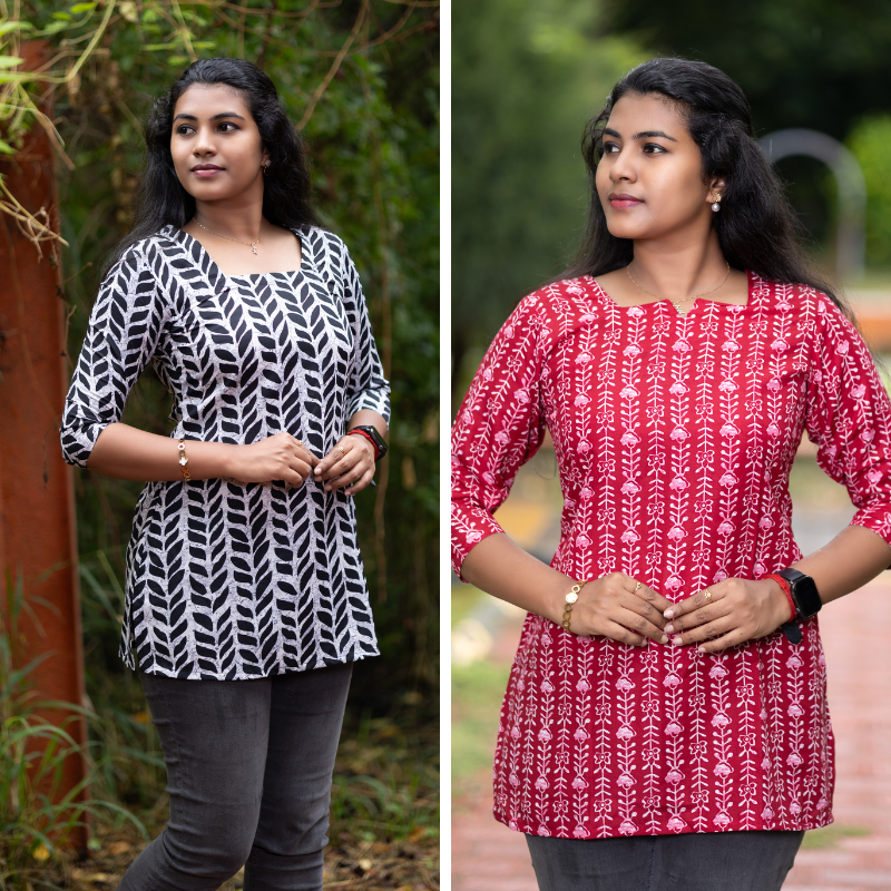 Short Kurti with 3/4th Sleeves & Comfort Fit (White & Deep Red)