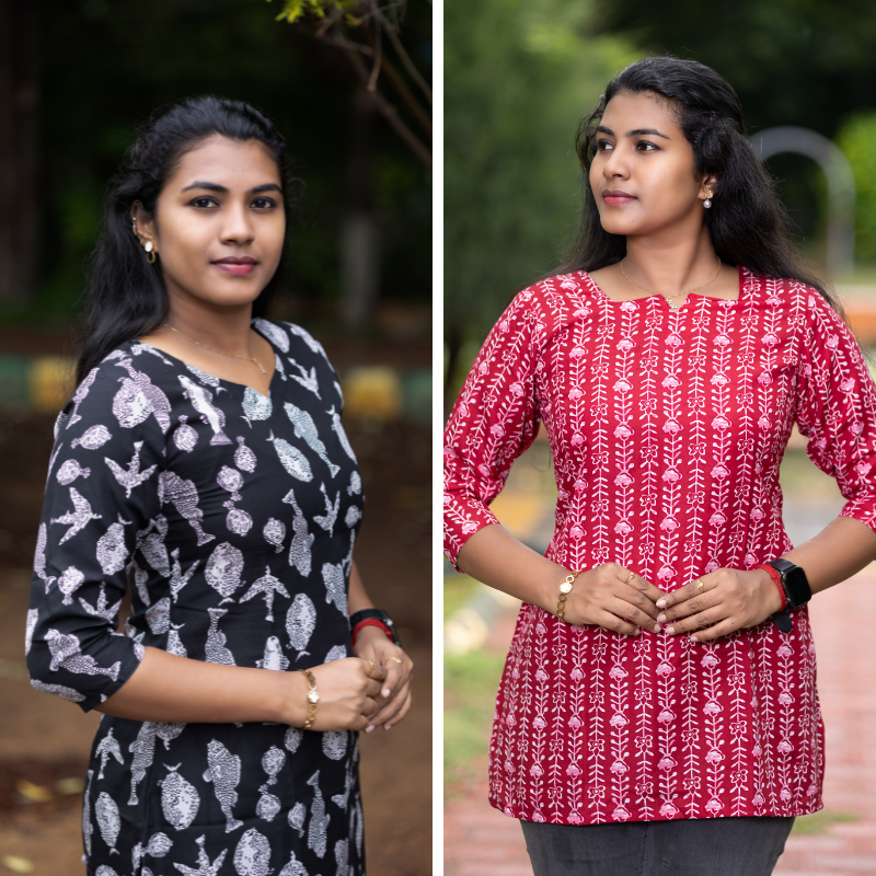 Short Kurti with 3/4th Sleeves & Comfort Fit (Black & Deep Red)