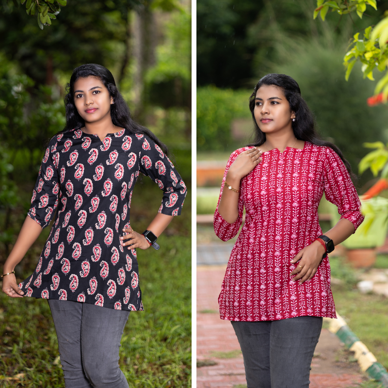 Short Kurti with 3/4th Sleeves & Comfort Fit (Black & Deep Red) v2