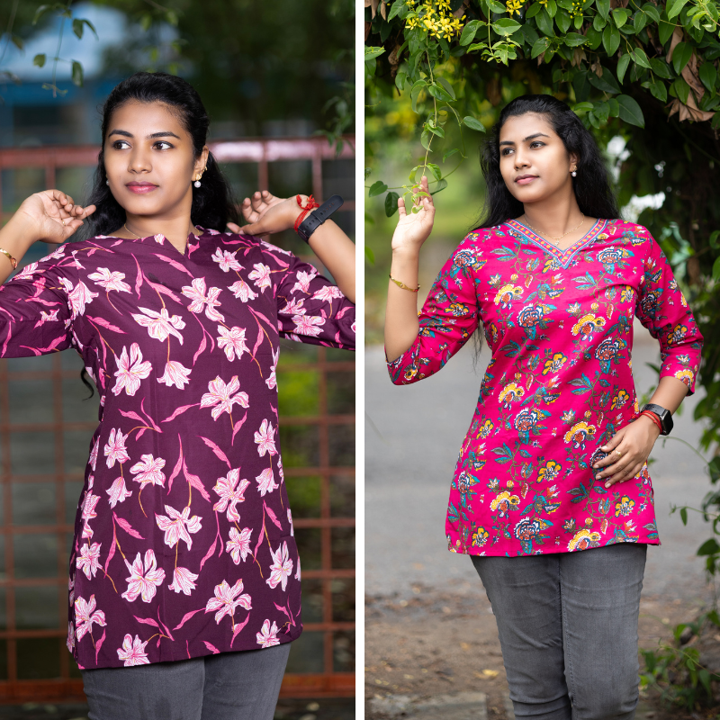 Short Kurti with 3/4th Sleeves & Comfort Fit (Wine & Red)