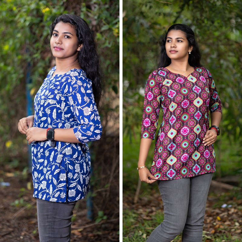 Short Kurti with 3/4th Sleeves & Comfort Fit (Blue & Brown)