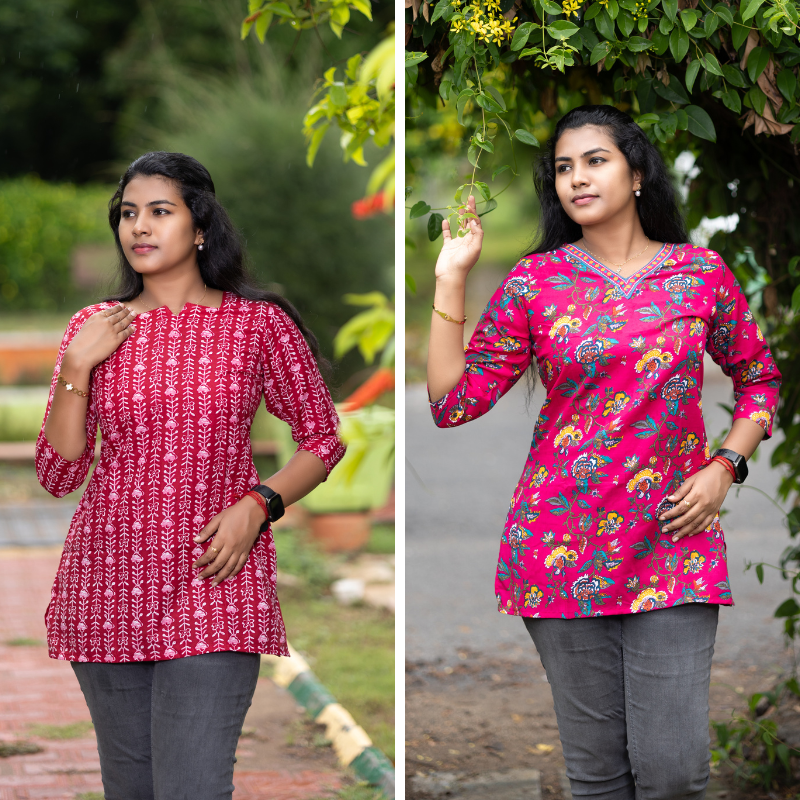 Short Kurti with 3/4th Sleeves & Comfort Fit (Deep Red & Red)