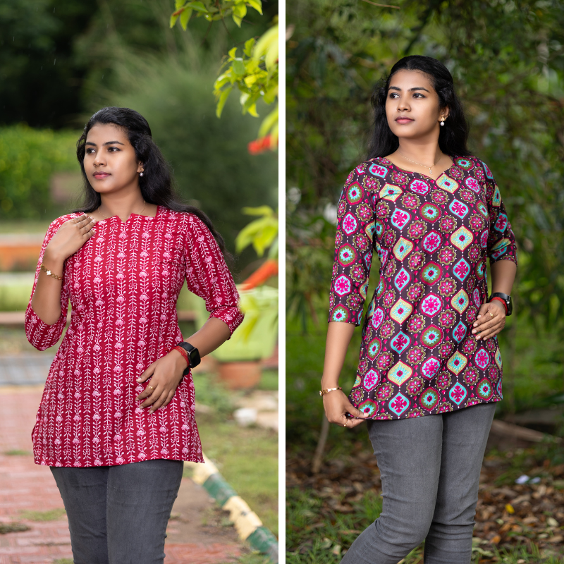 Short Kurti with 3/4th Sleeves & Comfort Fit (Deep Red & Brown)