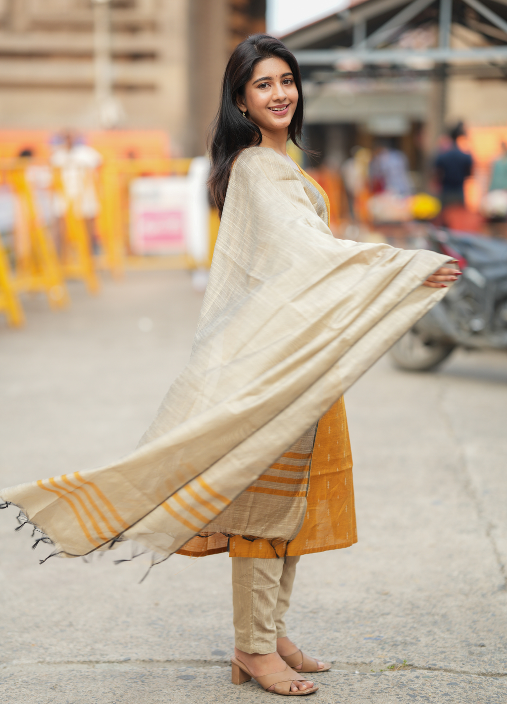 Mustard Yellow Raw Silk Kurti with Gold Motifs