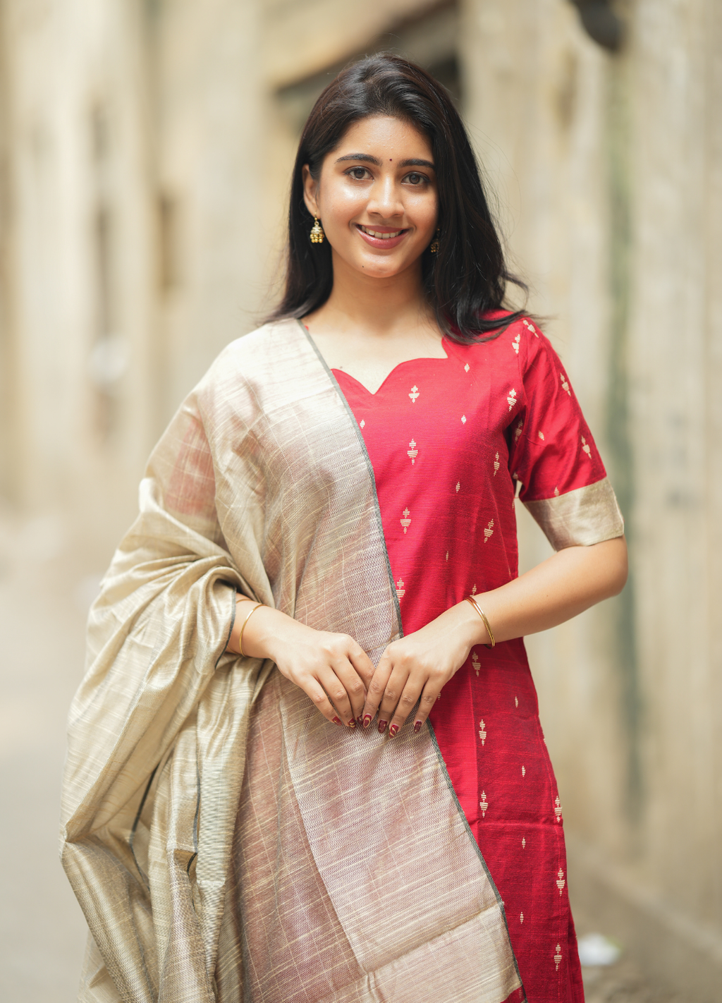 Crimson Red Raw Silk Kurti with Gold Motifs