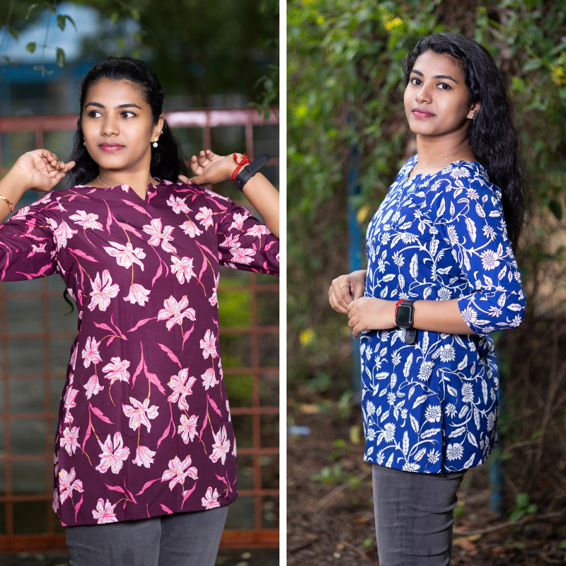 Short Kurti with 3/4th Sleeves & Comfort Fit (Wine & Blue)
