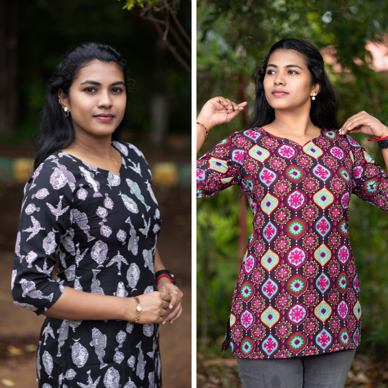 Short Kurti with 3/4th Sleeves & Comfort Fit (Black & Brown)