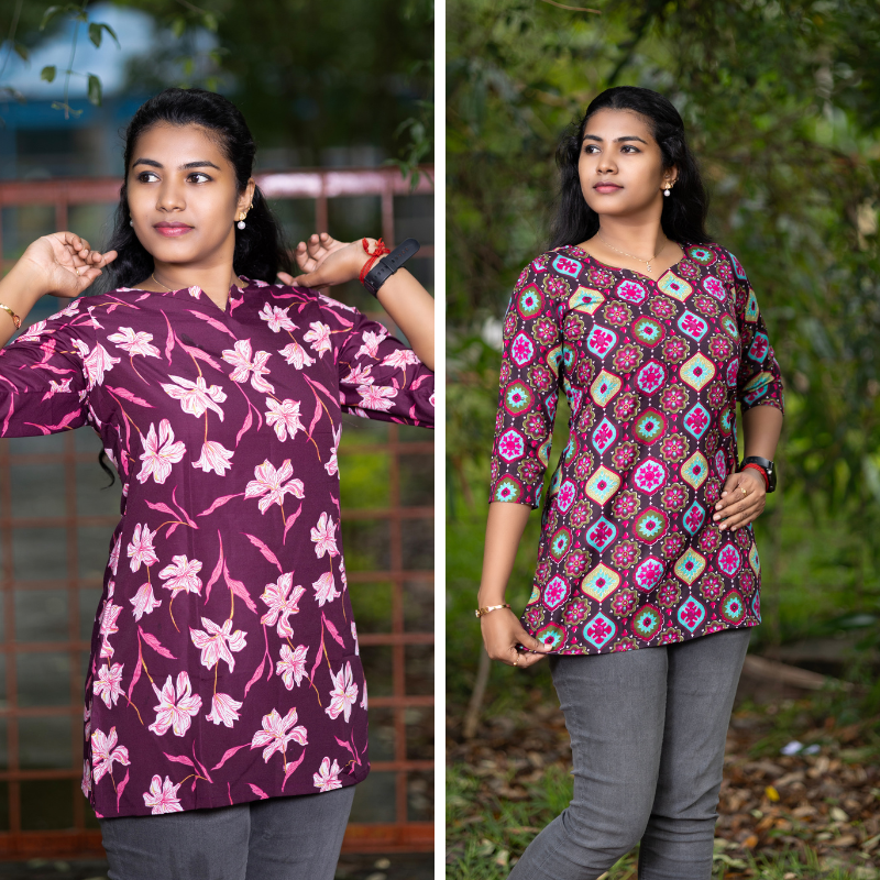 Short Kurti with 3/4th Sleeves & Comfort Fit (Wine & Brown)
