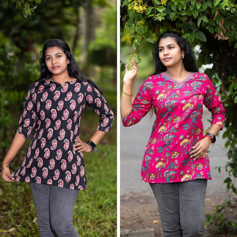 Short Kurti with 3/4th Sleeves & Comfort Fit (Black & Red) v2