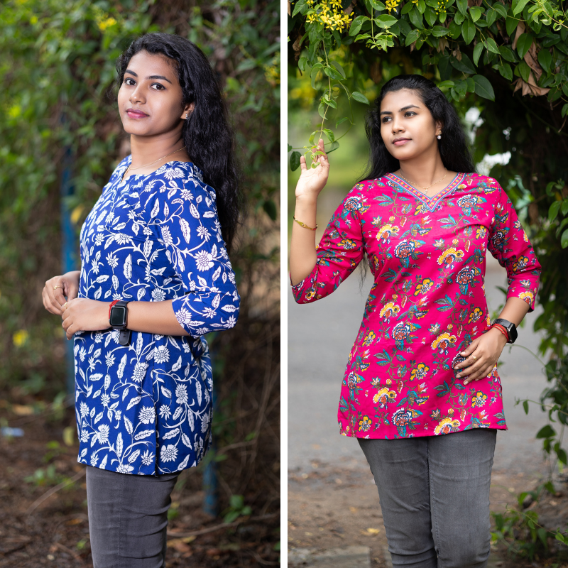 Short Kurti with 3/4th Sleeves & Comfort Fit (Blue & Red)