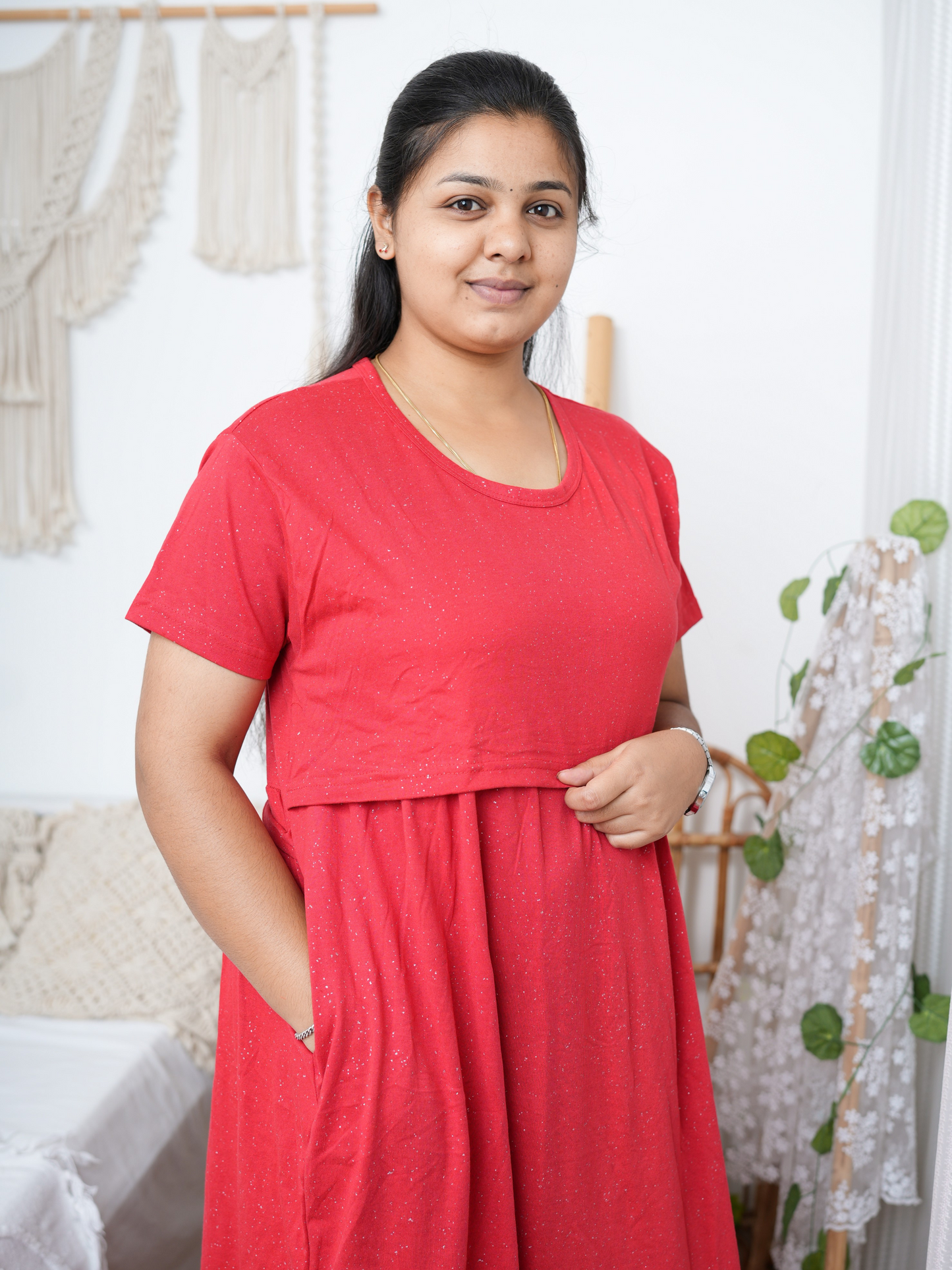 Zipless Feeding Maternity & Nursing Dress - Red