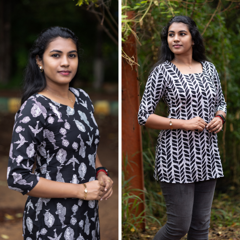 Short Kurti with 3/4th Sleeves & Comfort Fit (Black & White)