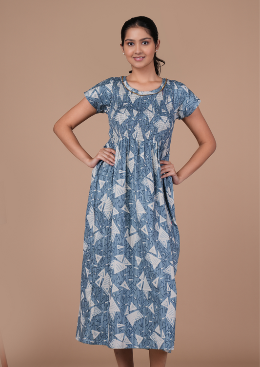 Sky Blue Floral Print Smoky Nighty for Women