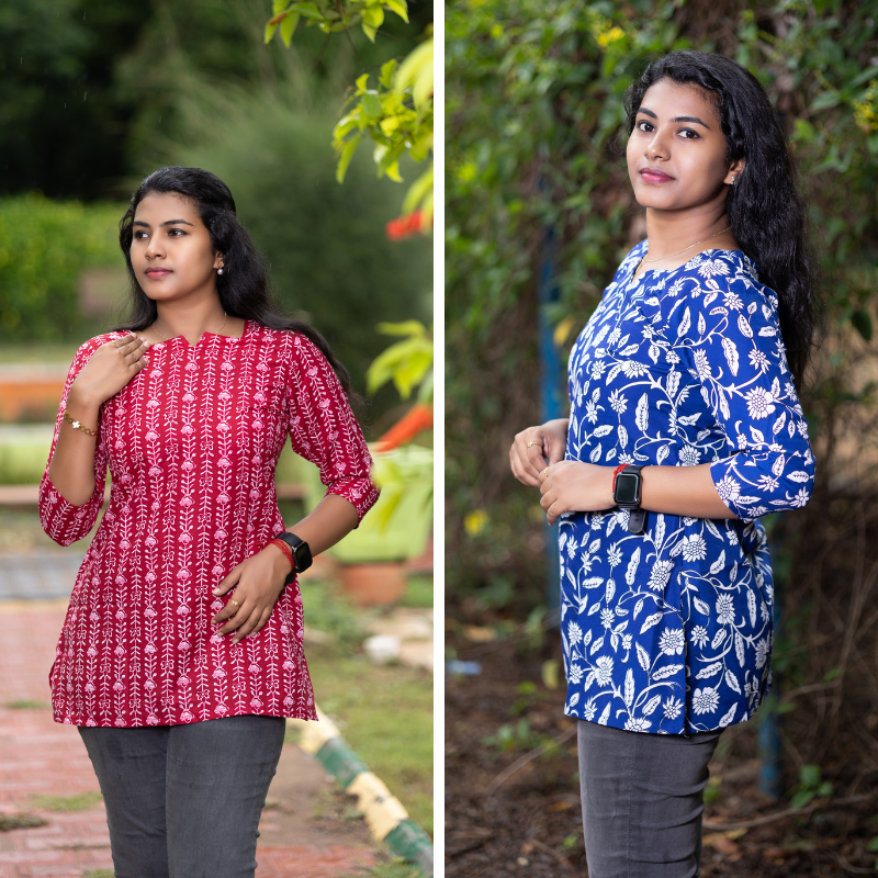 Short Kurti with 3/4th Sleeves & Comfort Fit (Deep Red & Blue)