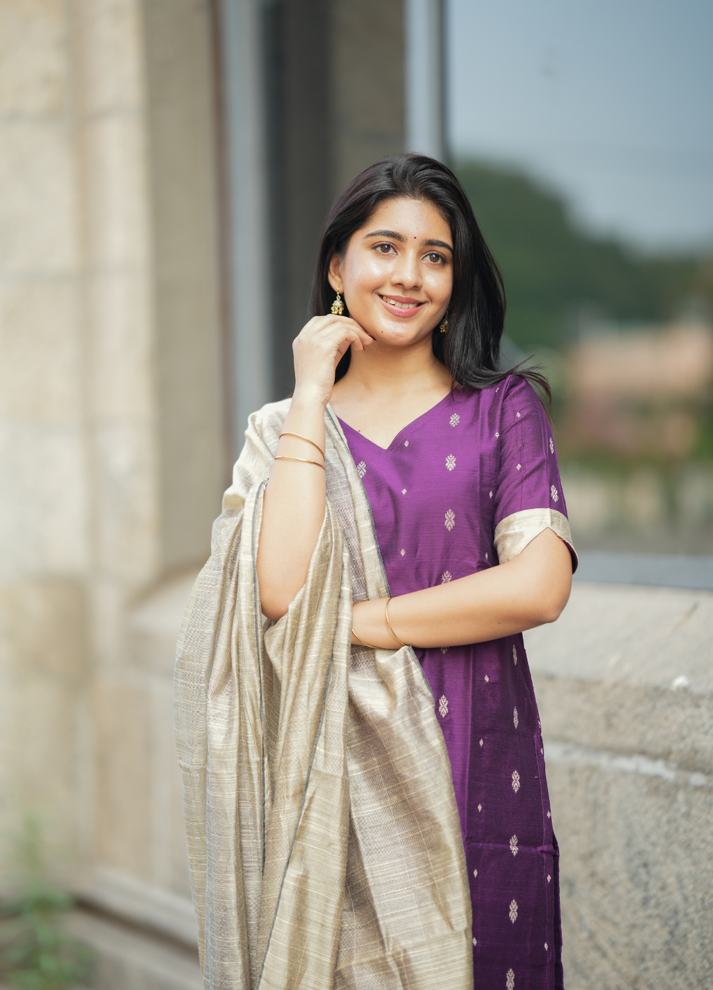 Royal Plum Purple Raw Silk Kurti with Gold Motifs