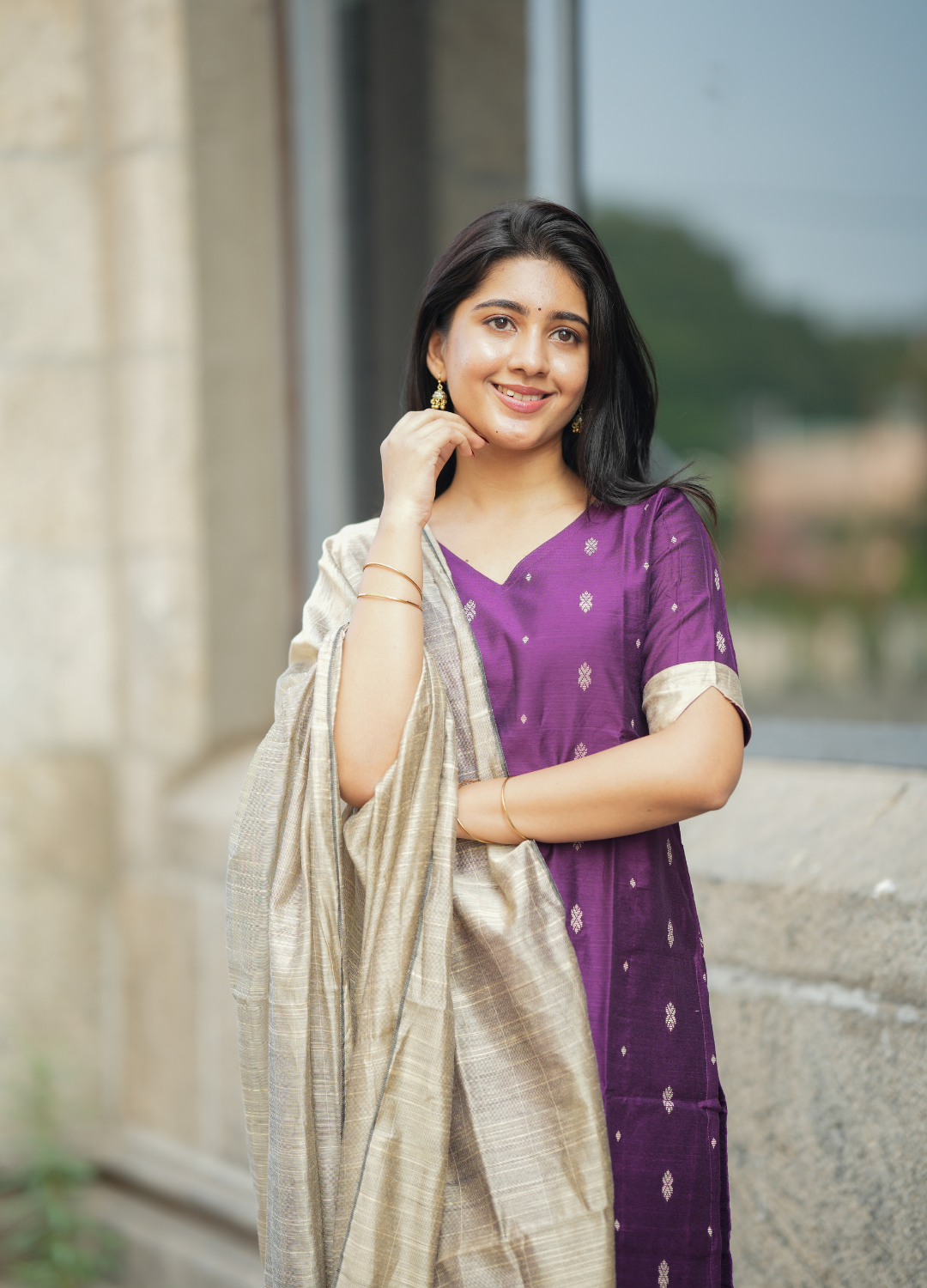 Royal Plum Purple Raw Silk Kurti with Gold Motifs