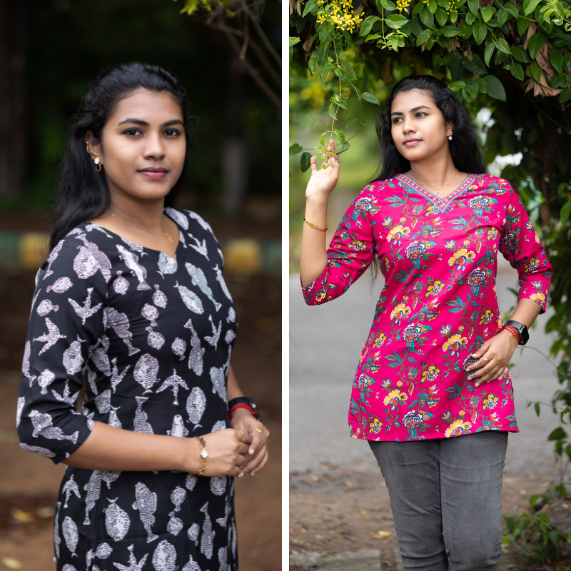 Short Kurti with 3/4th Sleeves & Comfort Fit (Black & Red)