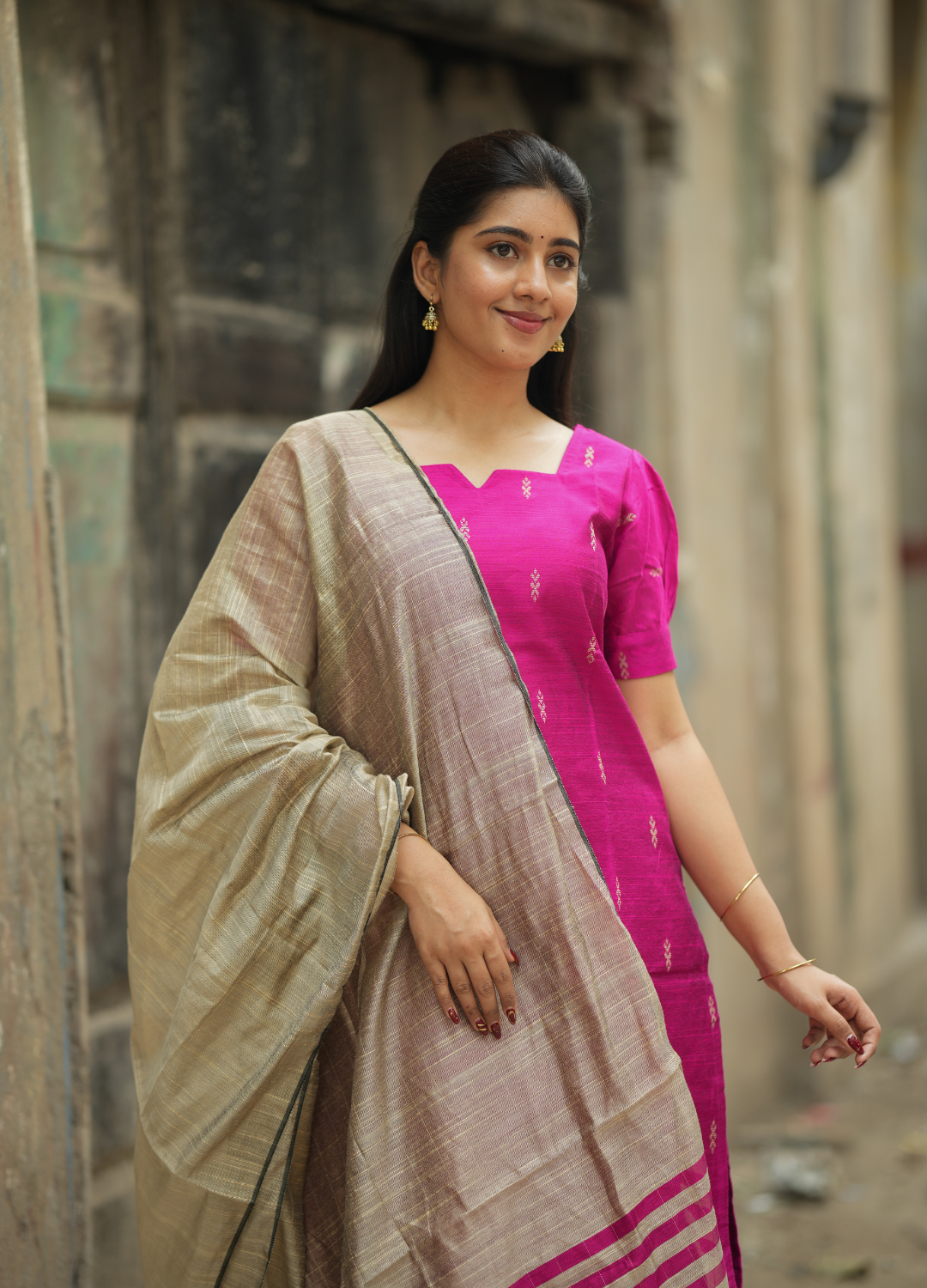 Rani Pink Raw Silk Kurti with Subtle Gold Motifs