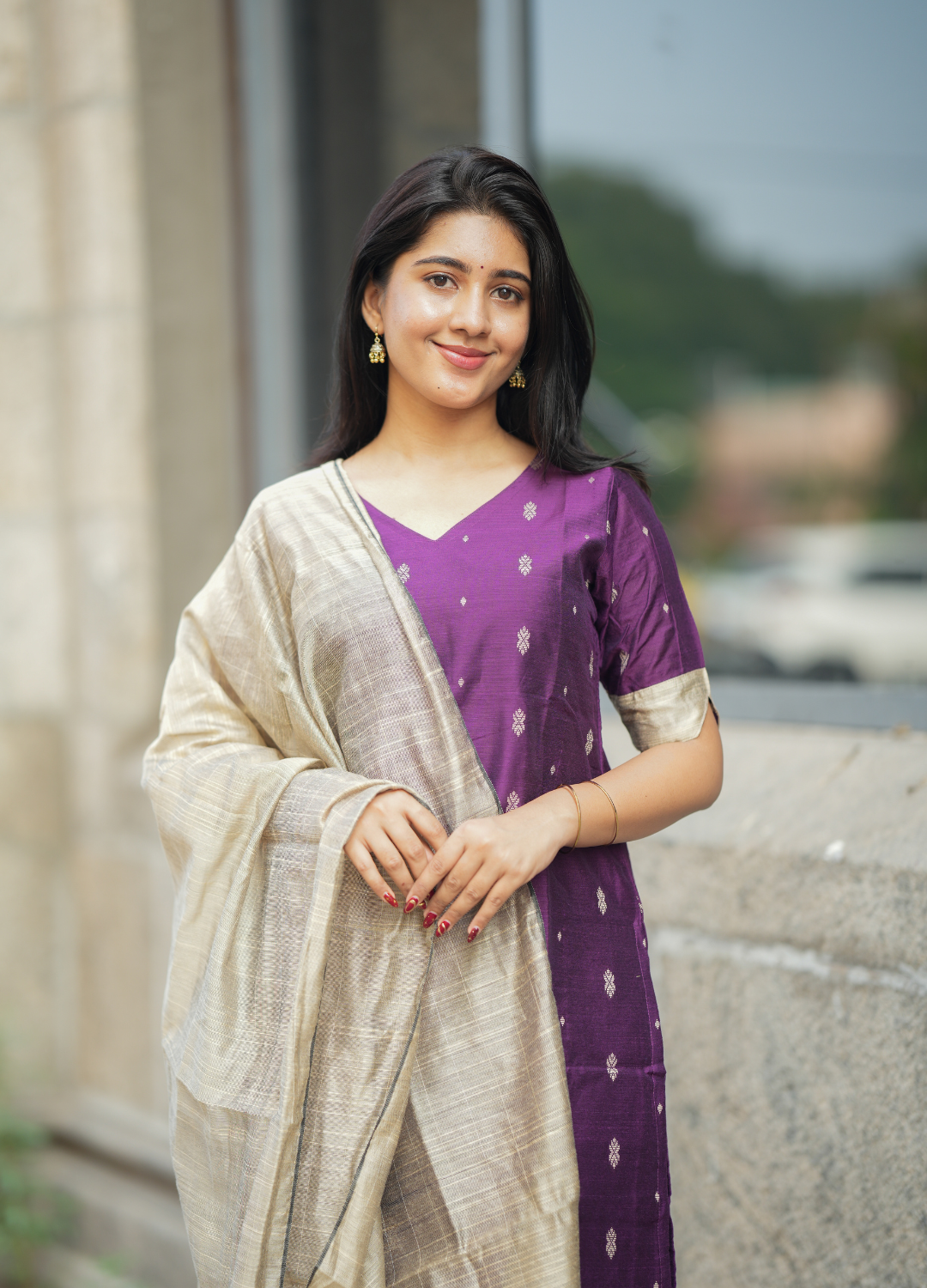 Royal Plum Purple Raw Silk Kurti with Gold Motifs