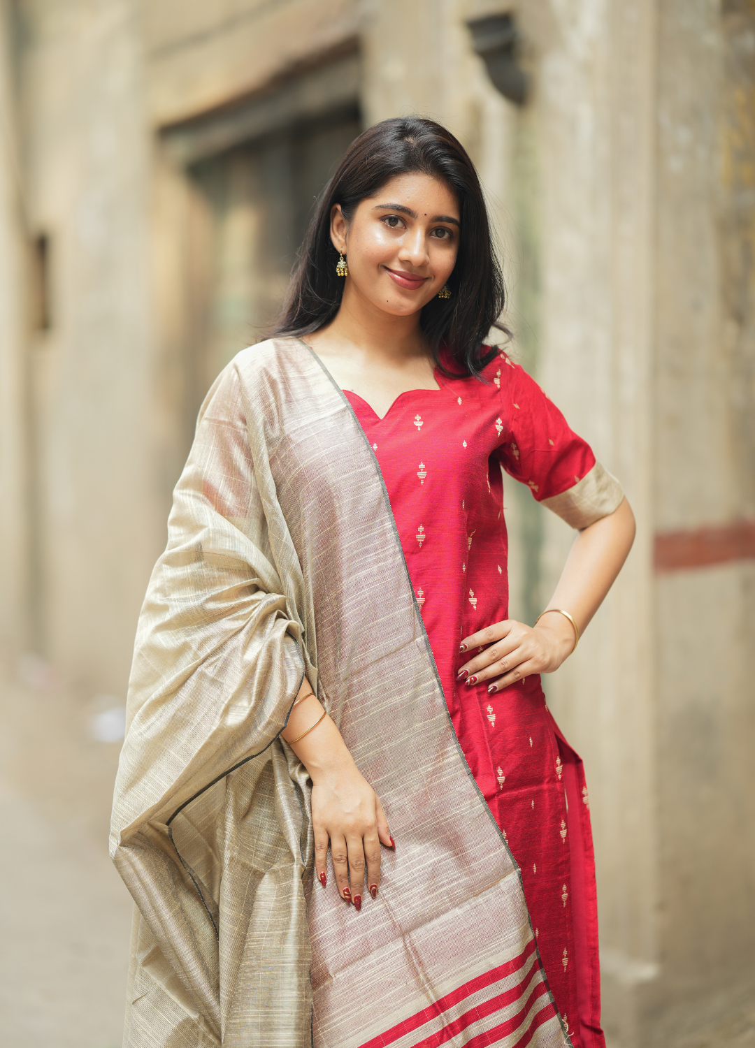 Crimson Red Raw Silk Kurti with Gold Motifs