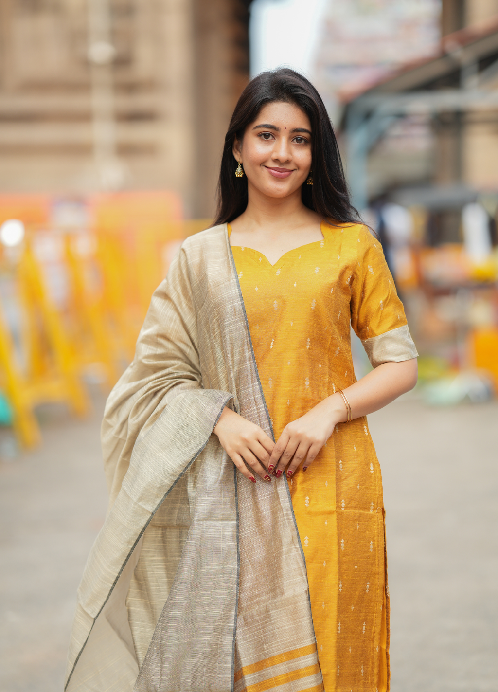 Mustard Yellow Raw Silk Kurti with Gold Motifs